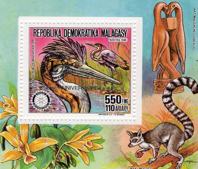 Madagascar 1993 Mi#Bl.211Aa Birds/75th.Anniv.Lions Club S/S Silver overprinted