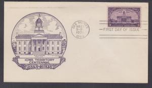 US Planty 838-28 FDC. 1938 3c Iowa Centennial, G.S. Purcell FIRST CACHET