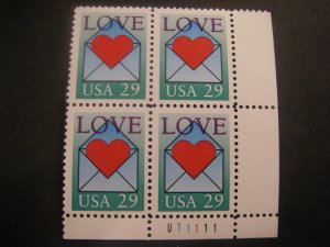 Scott 2618, 29c Love Letter, PB4 #U11111 LR bottom, MNH Beauty