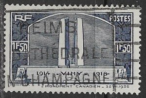 France ~ Scott # 312 ~ Used ~ Canadian War Memorial at Vimy Ridge