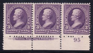 US 253 3c Jackson Plate #95 Strip of 3 F-VF OG NH SCV $450