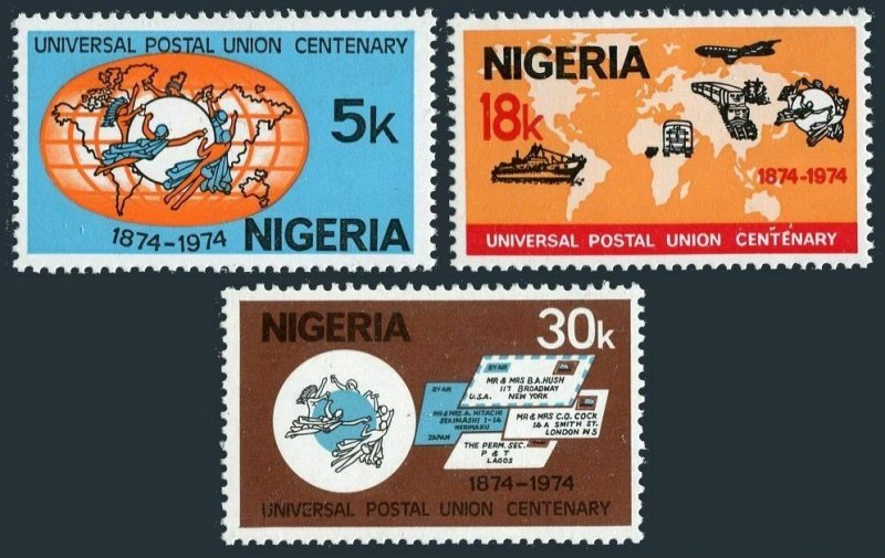 Nigeria 321-323,MNH.Michel 304-306. UPU-100,1974.Map,airplane,car,train,ship.