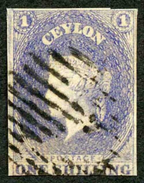 Ceylon SG10 1/- Slate Violet Three Margin Cat 200 pounds