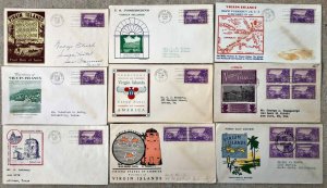 1937 FDC # 802 ~Virgin Islands ~ 9 Different Cachats