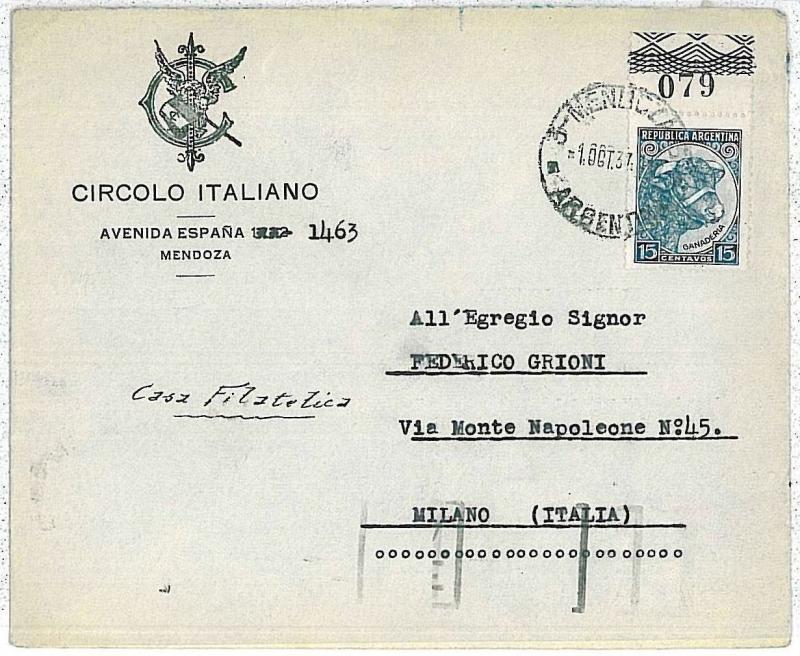 ARGENTINA -  POSTAL HISTORY - COVER to ITALY - 1937