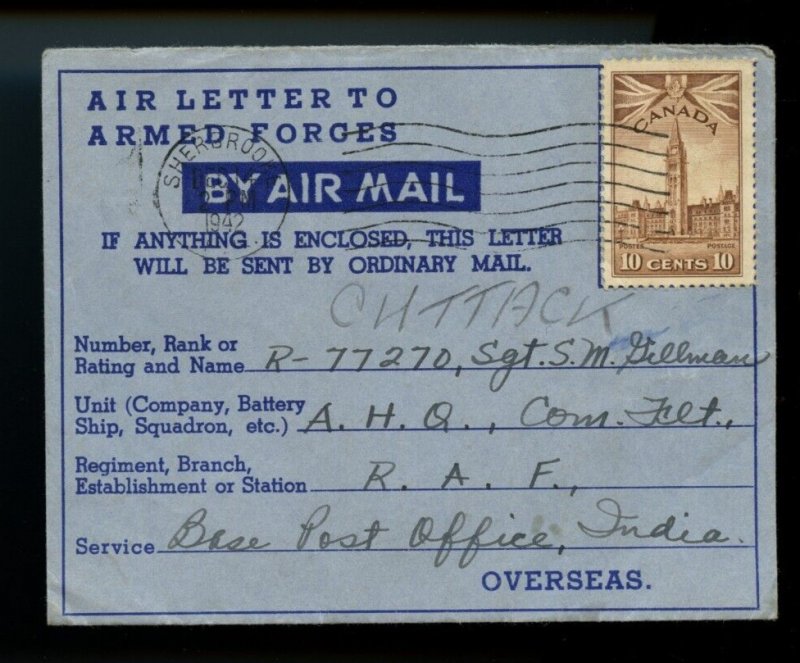 ?AIR Letter to INDIA Base PO 10c War issue early 1942 use, cover Canada