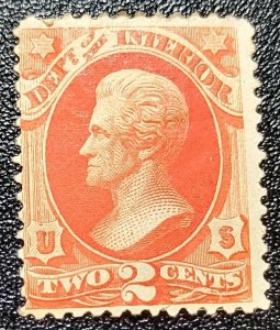 Scott Stamp #O16 1873 Unused 2c Interior Dept. Vermillion Stamp.  SCV $70.00