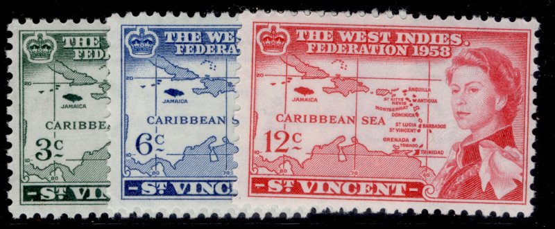 ST. VINCENT QEII SG201-203, 1958 Caribbean set, NH MINT.