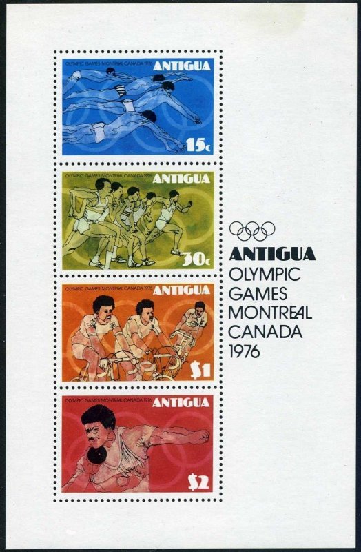 Antigua 437a sheet, MNH. Mi Bl.25. Olympics Montreal-1976. Swimming, Bicycling,