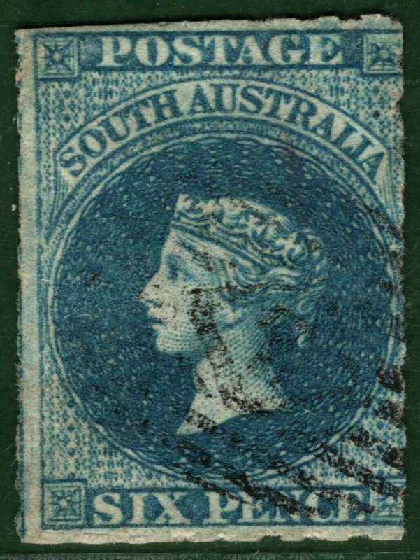 SOUTH AUSTRALIA States QV SG.33 6d Prussian Blue (1869) Used VFU Cat £50 PBLUE14