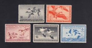 FEDERAL DUCK STAMP: #RW11-RW15 $1.00 Mint OG Hinged - RW11 & 12 Have Thins