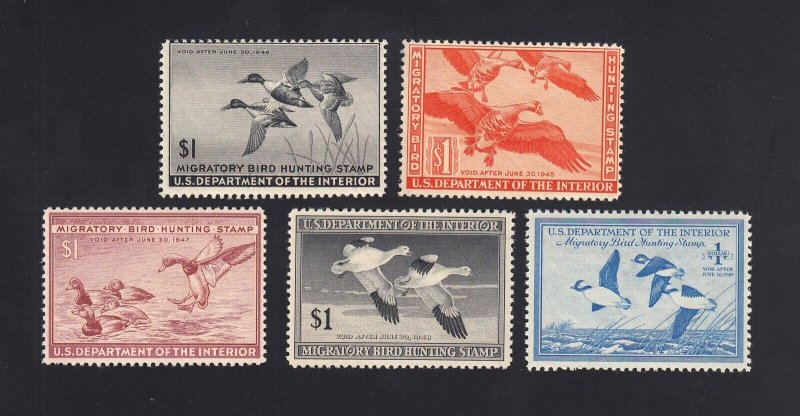 FEDERAL DUCK STAMP: #RW11-RW15 $1.00 Mint OG Hinged - RW11 & 12 Have Thins