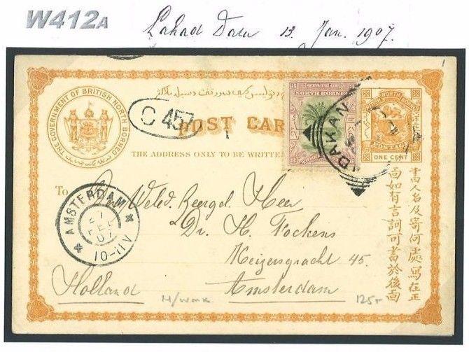 W412a 1907 NORTH BORNEO Sandakan BC-Post.Stat.Uprated/NETHERLANDS Amsterdam