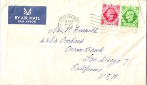 Great Britain 7d and 8d KGVI 1952 London W.1 Airmail to San Diego, Calif.