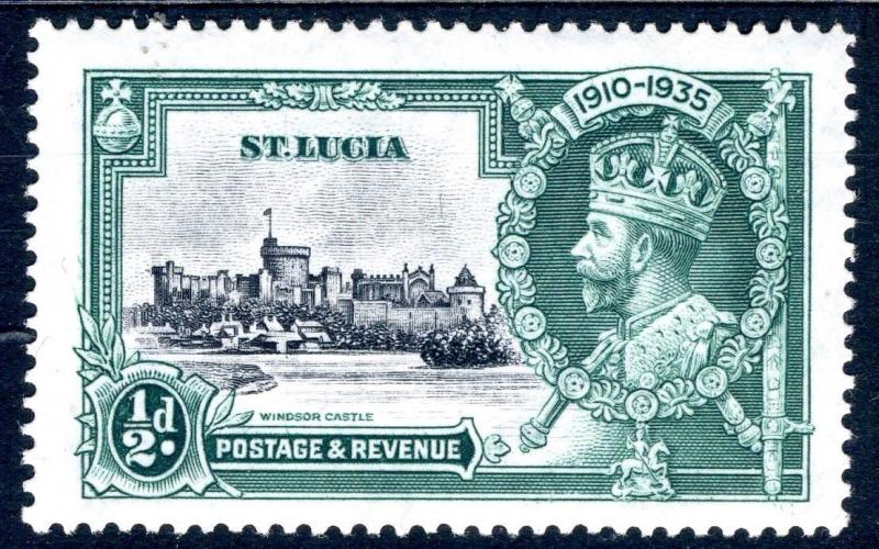 ST LUCIA-1935 Silver Jubilee ½d Black & Green with diagonal line by Turret 