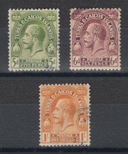 Turks & Caicos Sc 52,53,54 used. 1922 KGV issues with Revenue cancels, sound