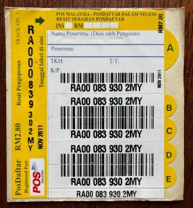 2011 POS MALAYSIA Registered Post LabelSticker for Local Addresses Unused M5358