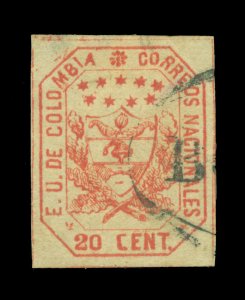 COLOMBIA 1863 Coat of Arms 20c red Scott# 26 used VF w/printing varieties