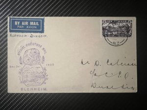 1932 New Zealand Special Christmas Airmail Cover Blenheim to Dunedin NZ