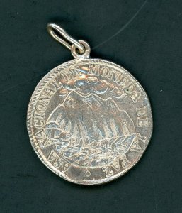 BOLIVIA 1853 P LA PAZ SILVER MEDAL PLUGGED WITH LOOP AS SHOWN