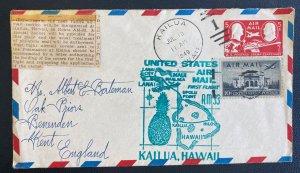 1949 Kailua Hawaii USA First Flight airmail Cover FFC To Benenden England