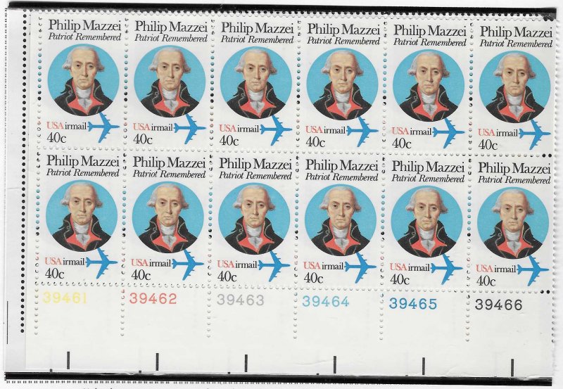 US#C98 40c Phillip Mazzei Plate Block of 12 (MNH) CV$10.00