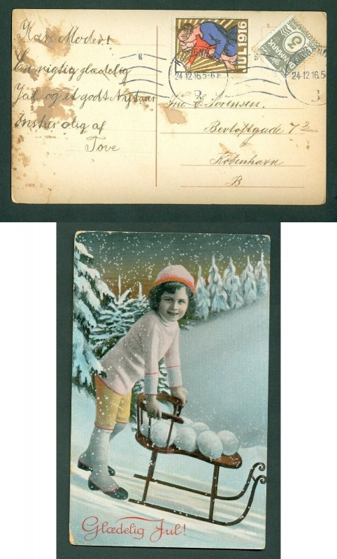 Denmark.Christmas Card 1916 With Seal + 3 Ore. Copenh. Girl With Sled. 24 Dec