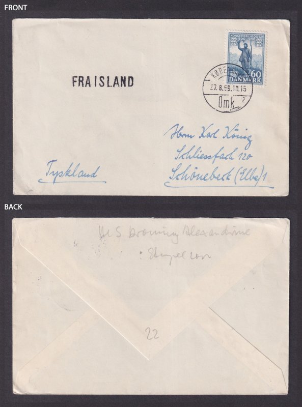 DENMARK 1959, Cover from Copenhagen with FRA ISLAND poststamp (From Island)