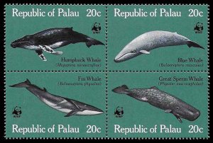 PCBstamps    Palau #24/27a Block, Whales, MNH, (6)