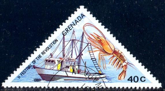 Crawfish, Fishing Boat, Grenada stamp SC#1037 used