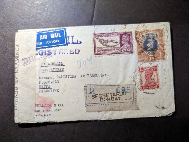 1945 Registered India Airmail Cover Secretariat Bombay to Haifa Palestine