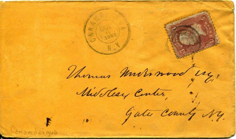 USA #65 Stamp 3c Postage Canandaigua NY Cover Envelope 1862 