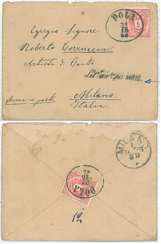 AUSTRIA: postal history - ENVELOPE for MILAN LETTER ARRIVED BY SEA 1883-