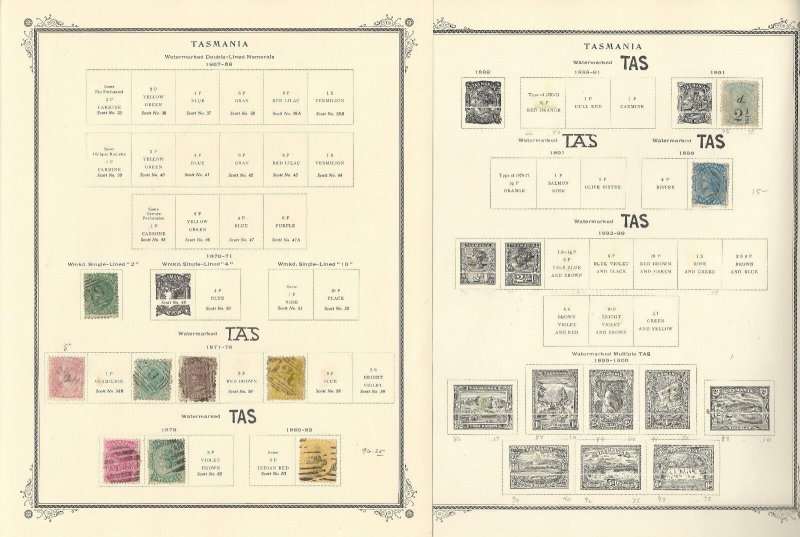 Tasmania Stamp Collection 1853 to 1912 on 9 Scott Specialty Pages