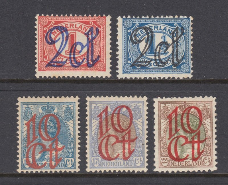 Netherlands Sc 117, 118, 121, 122, 123 MNH. 1923 Surcharges, 5 different, fresh