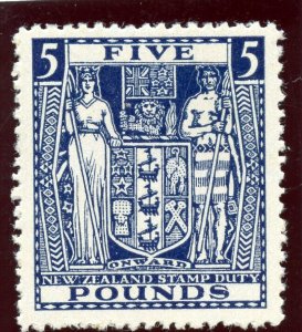 New Zealand 1950 Arms Fiscal £5 indigo-blue (wmk inv) superb MNH. SG F211w.