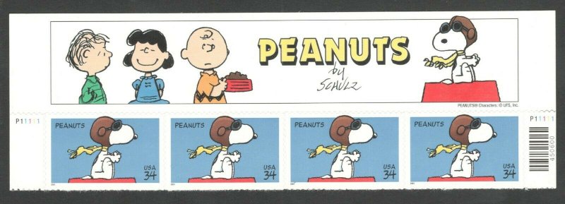 3507 Peanuts Comic Strip Header With 4 Stamps & Plate Numbers MNH FREE SHIPPING