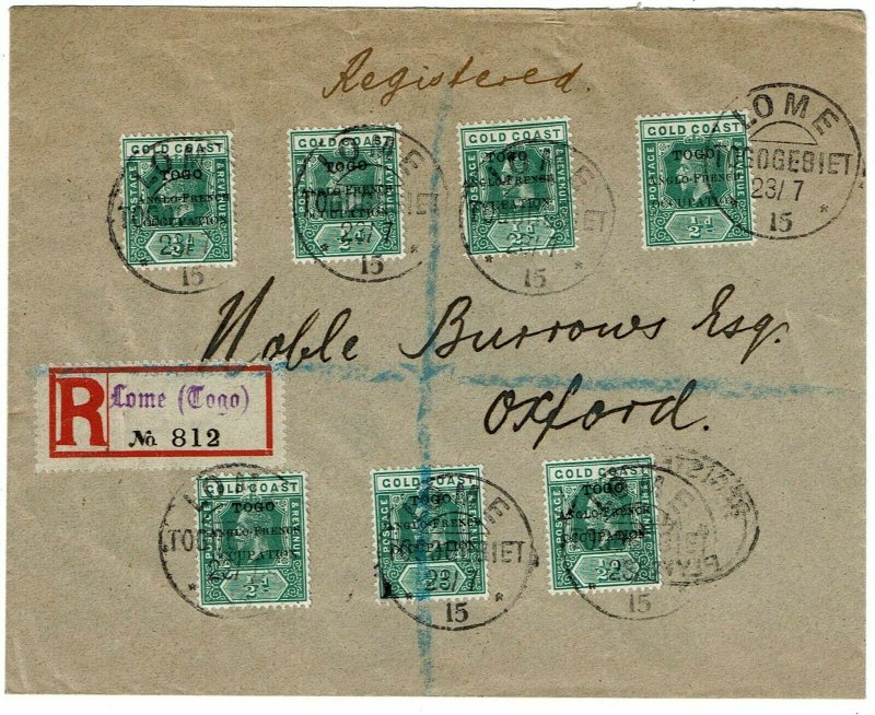 Togo 1915 Lome (German) cancels on registered cover to England