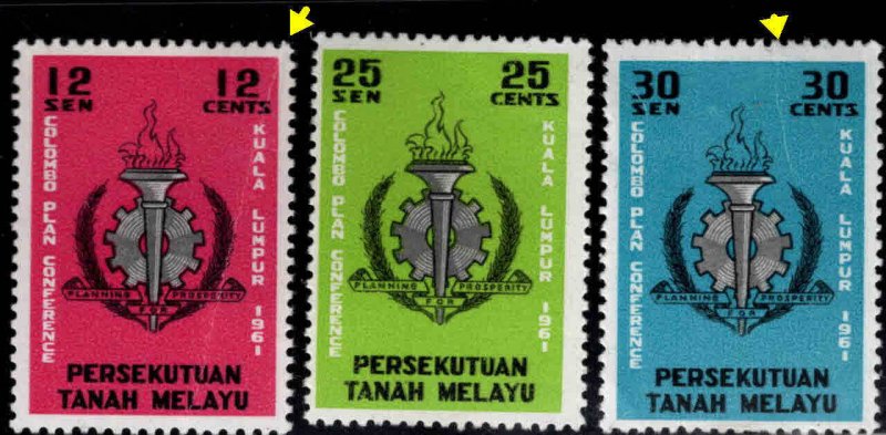 MALAYA Federation Faulty stamp  set Scott 99-101 MH* 2 with vertical creases