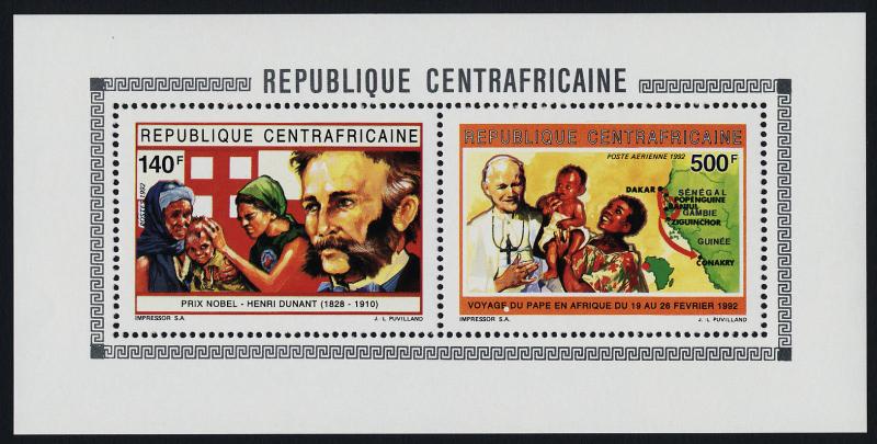 Central Africa 997,990 in s/s MNH Pope John Paul II, Henry Dunant, Nobel Prize