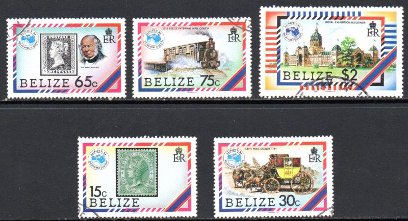 BELIZE 726-30 USED SCV $4.30 BIN $1.75 STAMPS ON STAMPS, TRANSPORT