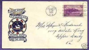 801 PUERTO RICO 3c 1937 AT SAN JUAN, PLIMPTON  FIRST DAY COVER, A...