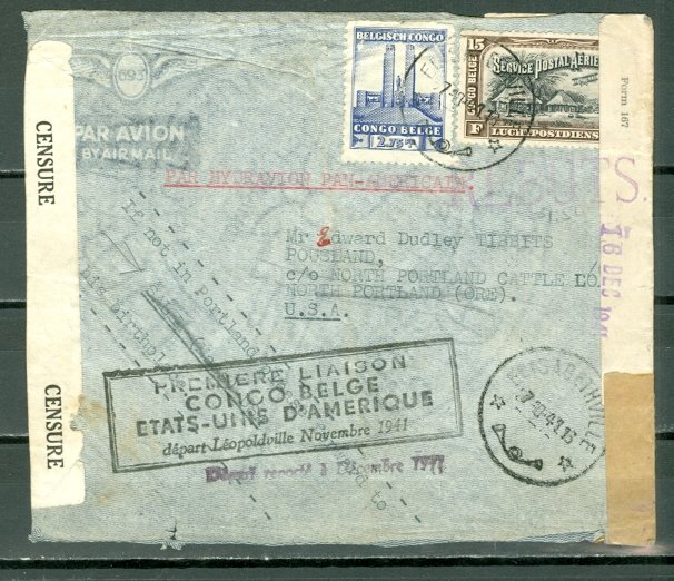 BELGIAN CONGO 1941  #C5 on CENSORED FIRST  DELAYED FLGT to US RETURNED to SENDER