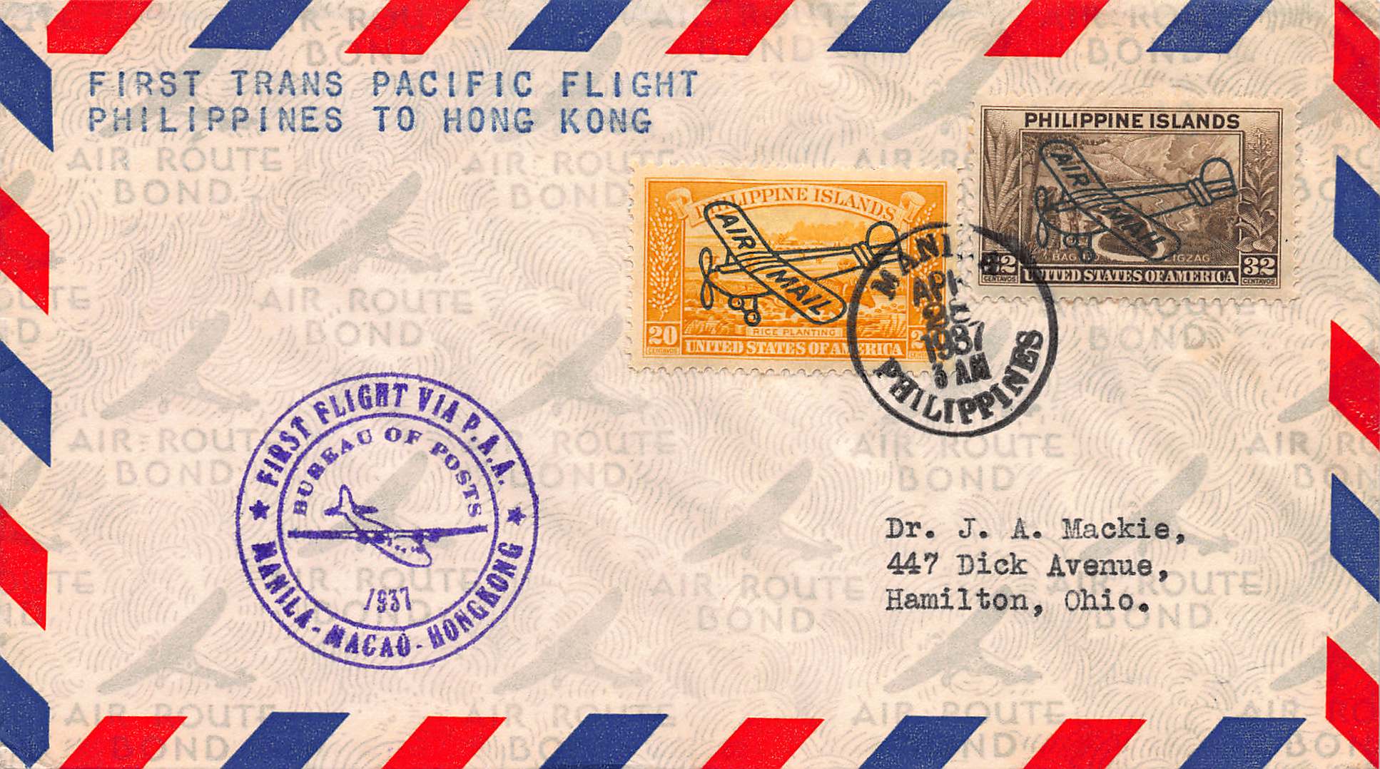 1937, First TransPacific Flight Cover, Philippines to Hong Kong