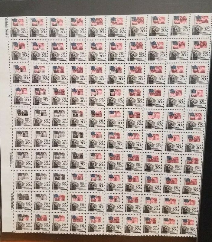 US #1894v, 20¢ Flag Over Supreme Court, Full Sheet of 100 ALL BLACK ERRORS NH