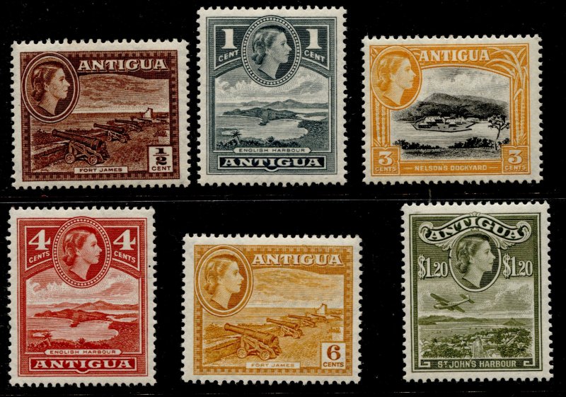 Antigua #107,108,110,111,113,119,QEII Definitive Short Set MVLH CV$15.00