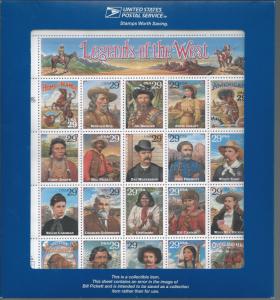 US  #2870 RECALLED LEGENDS OF THE WEST SHEET OF 20 VF NH IN ORIGINAL BLUE FOLDER