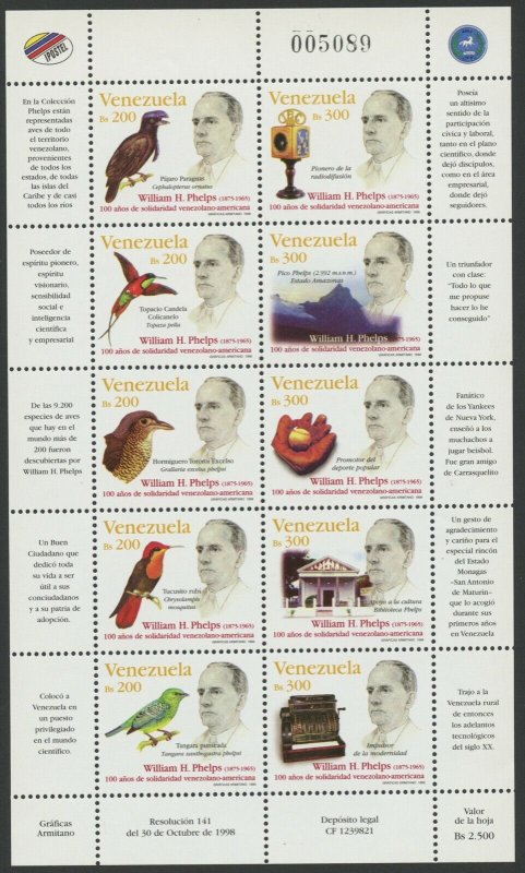 Venezuela 1998 MNH Miniature Sheet | Scott 1609 | William Phelps & Birds