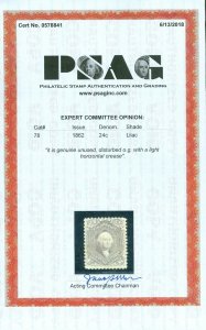 EDW1949SELL : USA 1862 Scott #78 Mint. Nice Fresh stamp. PSAG Cert. Cat $2,750.