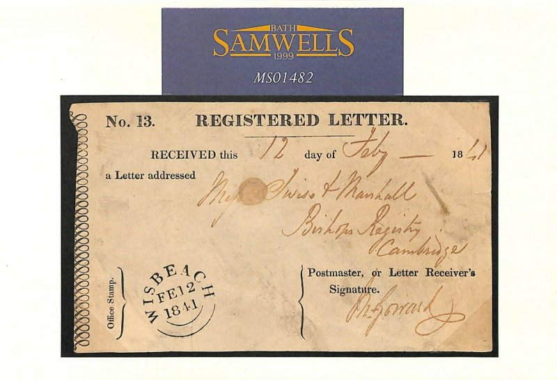 GB *VERY EARLY* REGISTERED LETTER GPO Receipt Wisbech Cambs RARE 1841 MS1482